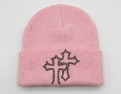 Magdalene Blush Pink rhinestone cross beanie